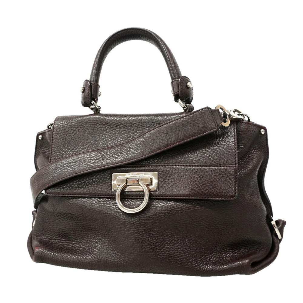 Salvatore Ferragamo Gancini Leather Handbag, Brown, 2-way Bag for Women, OP02...